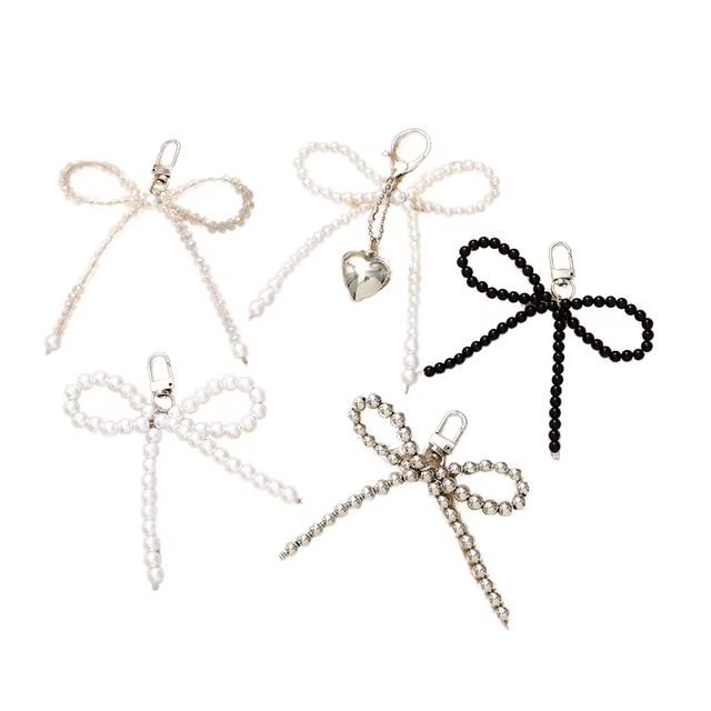 Hot Sale Delicate Beaded Anime Key Chain White Pearl Bow Keychain Decoration for Bags Phones Korean Fashion Accessories