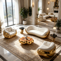 Ensemble canapé et fauteuil incurvé en fibre de verre dorée martelée, revêtement capitonné blanc, pour usage domestique de luxe