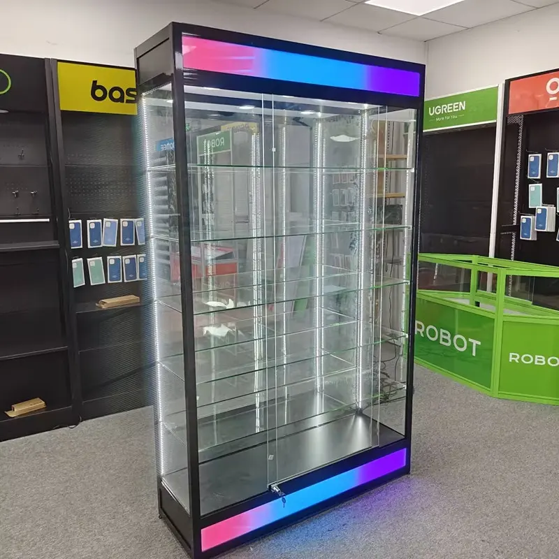 Vitrine de vidro com luz flash, nova caixa de vidro para loja de fumaça, 5 prateleiras de vidro, armário de parede, novo design