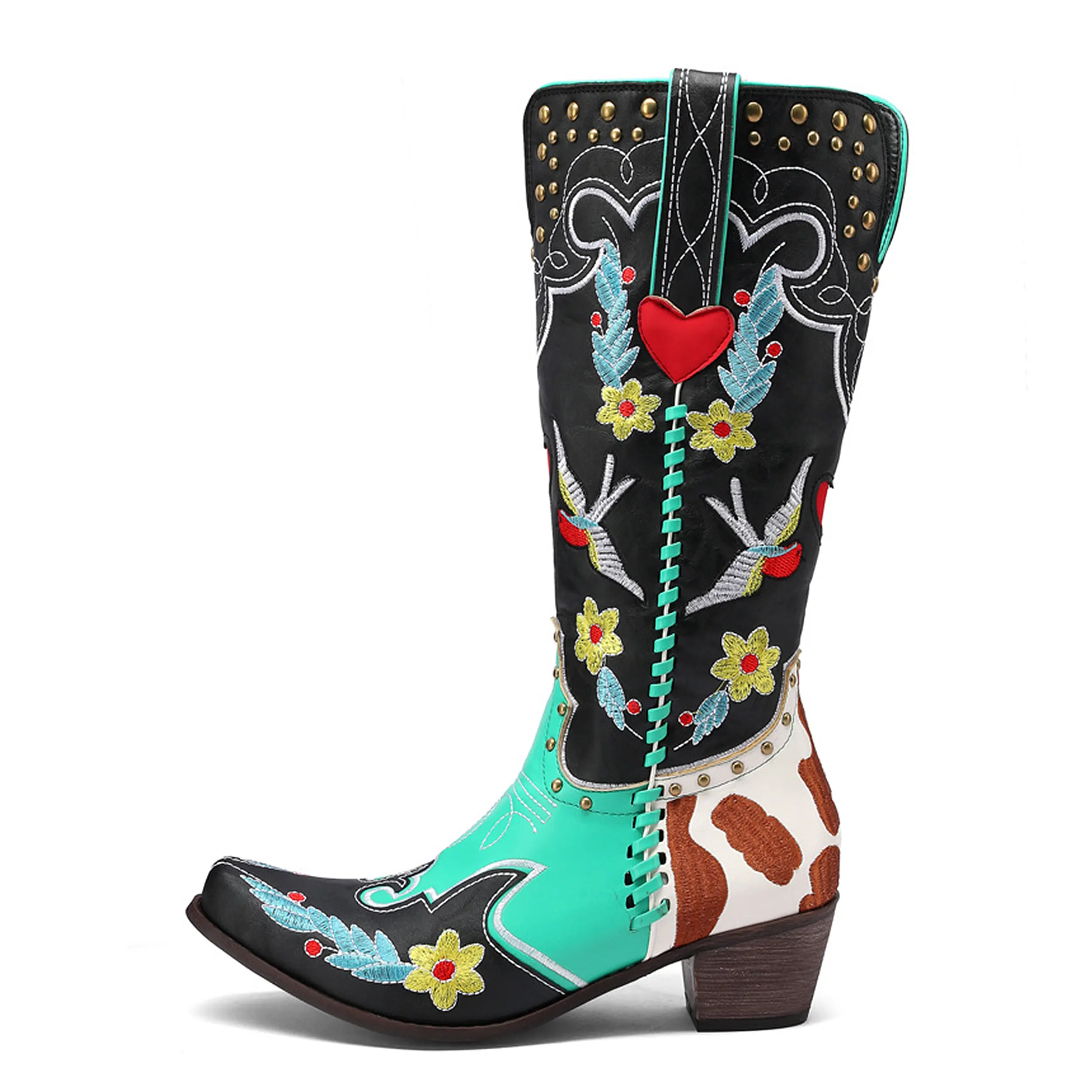 Ausgefallene Vintage Outfit Square Toe Stiefel für Frauen Wedge Heel Knielange Stiefel Mexikanische Stick muster Cowboys tiefel