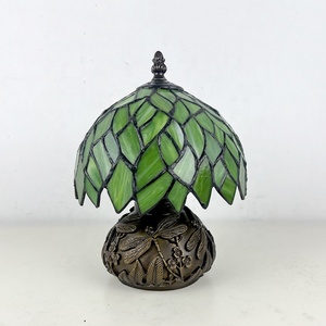LongHuiJing Tiffany Mini Stained Glass Table Lamp Green Wisteria Leaf Style Mushroom Table Lamp Sympathy Memorial Lamp 8 Inch - Product Image 5