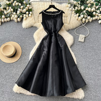 Robe longue élégante sans manches avec col en strass, coupe trapèze, rouge, pour femmes, décontractée, pour les occasions quotidiennes et formelles, robes décontractées