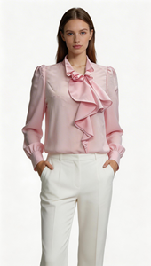 Elegante Formelle Rosa Chiffon Einfarbige Raglan-Bluse mit Langen Ärmeln und Schleifenkragen für Damen Frühling Sommer 2026 - Product Image 2