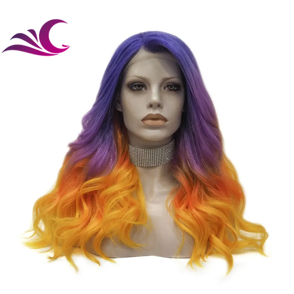 Célébrité ombre violet orange coloré cosplay drag queen halloween naturel délié chaleur amicale perruque de fibres synthétiques