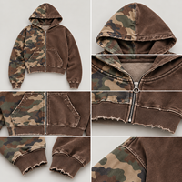 Sweat à capuche zippé camouflage délavé vintage personnalisé pour homme, coupe oversize et déstructurée, style streetwear