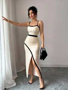 Abito <span class=keywords><strong>Lungo</strong></span> Elegante Premium con Spalline Sottili e Bordatura a Contrasto, <span class=keywords><strong>Vestito</strong></span> Aderente da Donna a Vita Alta con Dettagli Arricciati e <span class=keywords><strong>Spacco</strong></span> Laterale, Ideale per Invitate a Matrimoni - Product Image 4
