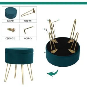 Favorável alta qualidade recomendado veludo do armazenamento ottoman vanity stool com perna de ouro