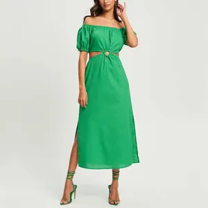 OE ODM Fashion Ladies Dress Summer Clothing Cotton Linen Puff Sleeve Hollow Out Plain Green Off Shoulder Long Dresses Women