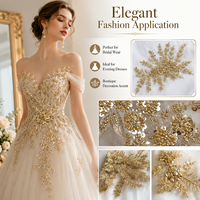 Applique en dentelle perlée et pailletée dorée, patch brodé fait main de luxe, motif floral à coudre pour robes de mariée et de soirée