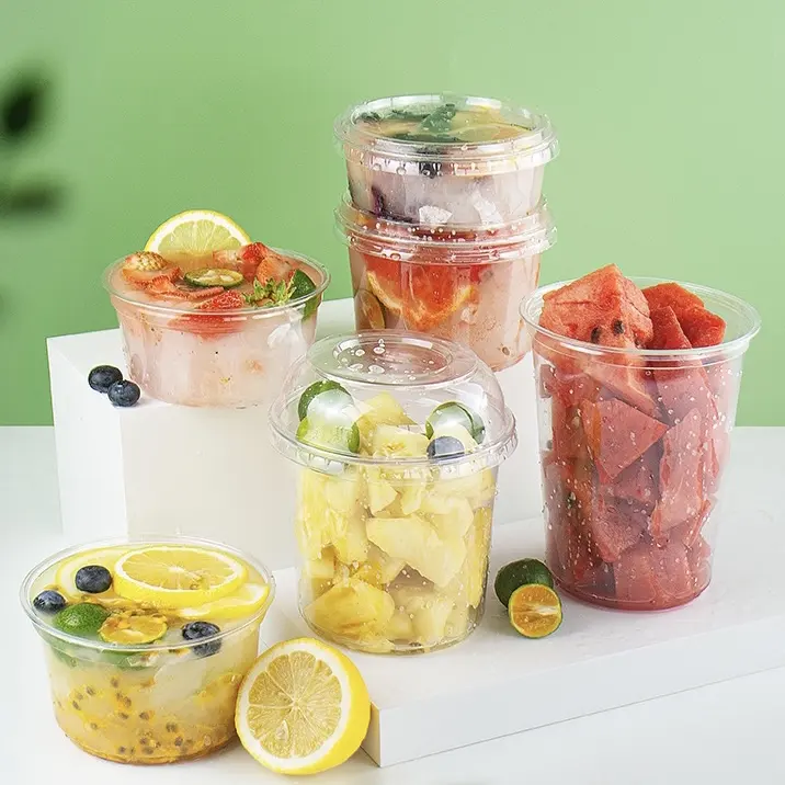 Vente en gros de bols jetables en plastique PET bol à fruits et légumes bol à salade de luxe avec couvercles plats en dôme pour animaux de compagnie