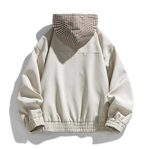 <b>Men</b> Washed Hooded Bomber Jacket Front Zipper Loose Fit Casual Waterproof Streetwear Geometric Outerwear for Spring Autumn - Product Image 2