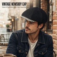Topi Newsboy Denim Hitam 100% Katun dengan Pinggiran Warna Kontras, Topi Flat Cabbie 8 Panel, Baret Unisex Vintage untuk Pria Wanita