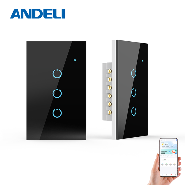 ANDELI 3Gang Smart Home Devices Wifi Switch Black Works Google Home-Waterproof Tuya Smart App Compatible No Neutral Required