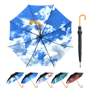 Classic and retro style heavy duty staight <b>umbrella</b> wooden handle wood shaft Blue sky and white clouds pattern print inside - Product Image 5
