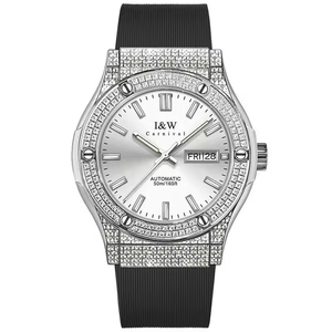 Montre mécanique automatique incrustée de strass, boîtier en acier inoxydable, aiguilles en caoutchouc, étanche 50m - Product Image 2