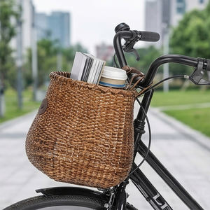 Panier de vélo en rotin fait main avec porte-gobelet - Porte-bagages avant amovible pour guidon avec sangles en cuir réglables - Product Image 4