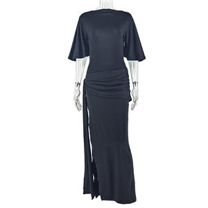 <span class=keywords><strong>2026</strong></span> Elegante Split Slim Fit Geplooide Halve Mouw Lange Jurken High Street Zomerjurken Dames Effen Gele Maxi Jurk Zonder Rug - Product Image 6