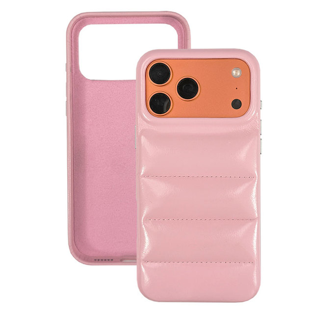 Stylish Pink Orange Accent Puffer Case for IPhones 15 Pro Max /16 /17 with High Quality Genuine Leather and Durable Construction