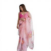 Ensemble de sari en organza floral et soie rose transparente avec pièce de blouse en soie brute pour mariage et fête