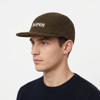 Casquette de camping 5 panneaux en laine non structurée, style vintage, à visière plate, ajustable, streetwear, profil bas, avec logo, vente en gros