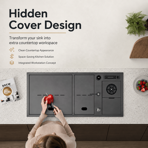 Lavello da <span class=keywords><strong>Cucina</strong></span> Artigianale Premium WN per Cucine Moderne, in Acciaio Inox 304 a Doppia Vasca con Rubinetto a Scomparsa e Coperchio - Product Image 3