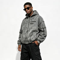 Veste à capuche surdimensionnée déstructurée en coton personnalisé pour homme, style vintage délavé, avec patchwork et bords bruts, entièrement zippée, streetwear