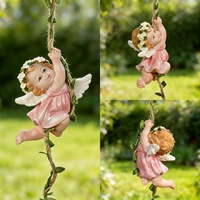 Bemalte Blumenkranz-Figur mit Schwingendem Engel aus Kunstharz, mit Seil zum Aufhängen, Geflügelte Niedliche Charakterfigur für Heimdekoration