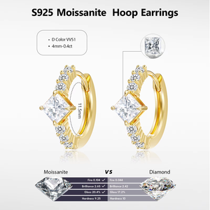 Pendientes de Aro con Moissanita Corte Princesa, Plata 925, Joyería Clásica Geométrica para Mujer, para Bodas - Product Image 4