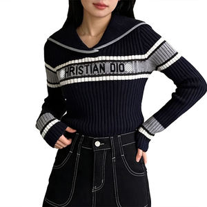 Suéter de Punto con Cuello Marinero y Letras Jacquard de Estilo Moderno y Lujo Ligero para Mujer, Suéter Color Block de Alta Calidad, Ropa de Mujer - Product Image 2