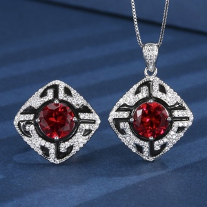 Wholesale Eco-friendly Copper Round Cut 10mm Red Zircon Vintage Fashion Necklace and Earrings <b>Set</b> Cubic Zirconia Jewelry <b>Set</b> - Product Image 3