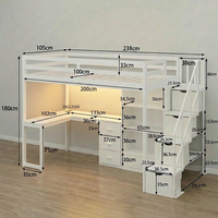 Lit mezzanine moderne personnalisable avec bureau en L, rangements, escalier, gain de place, étagères intégrées, chargeur USB intégré, pour chambre d'hôtel