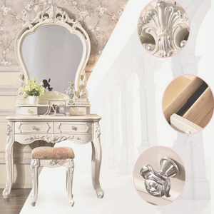 Owlprincess — table de maquillage en bois massif sculpté, tabouret de luxe d'appartement de chambre à coucher, européen moderne, argenté, avec miroir - Product Image 3