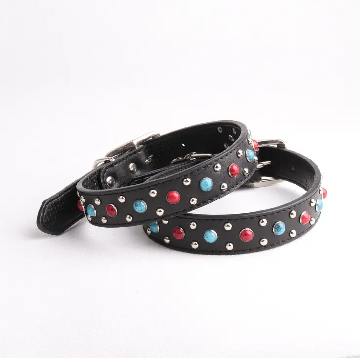 Genuine leather Middle large size dog collar adjustable pet collar with diamond