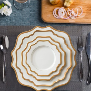 Classic Gold Rim Scalloped White Bone China Charger Plates Custom <strong>Dinnerware</strong> for Wedding Banquet Hotel - Product Image 2