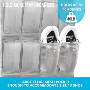 Organizador de zapatos para colgar sobre la puerta, 24 bolsillos de malla, estante de almacenamiento colgante gris para zapatos con ganchos de acero inoxidable - Product Image 5