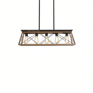 Lámpara Colgante Moderna de 5 Luces Estilo Industrial de Nogal con Diseño de Jaula Metálica Ajustable para Comedor - Product Image 1