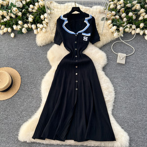 Vestidos Casuales de Punto para <span class=keywords><strong>Mujer</strong></span>, Cuello Polo, Manga Corta, Combinación de Colores, Verano - Product Image 3