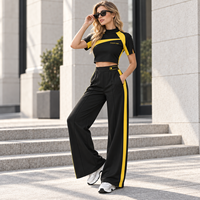 Ensemble deux pièces extensible en maille pour femme, polyester et élasthanne, pantalon large, tissu léger pour activités de plein air