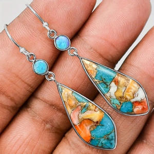 Orecchini Pendenti Stile Bohémien con Turchese, Placcati in Argento, a Goccia con Incastonatura a Castone, Gioielli alla Moda per Feste, in Lega - Product Image 3