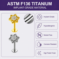 Labret à dos plat en titane ASTM F136 avec grappe de fleurs en oxyde de zirconium et pétales pointus, couleur or et argent, pour cartilage, bijoux de corps, vente en gros
