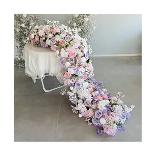 2m Long Pink And Purple Rose Flower Table Runner Bridal Sofa Floral Wedding Backdrop Decor Flower Row for Event Party Props