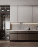 Desain Lemari Kaca Modern 2026, Lemari Dapur Berkualitas Tinggi Terjangkau, Custom Made, Warna Polos, Finishing Lacquer dengan Island