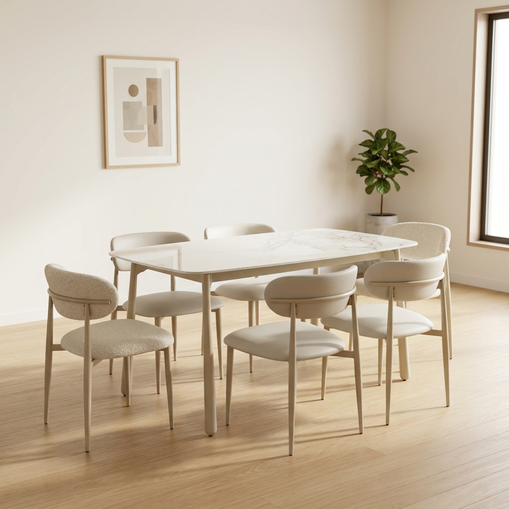 Modern European White 5-Piece Dining Set – Stone Top Table & PU Wood Chairs - View 3