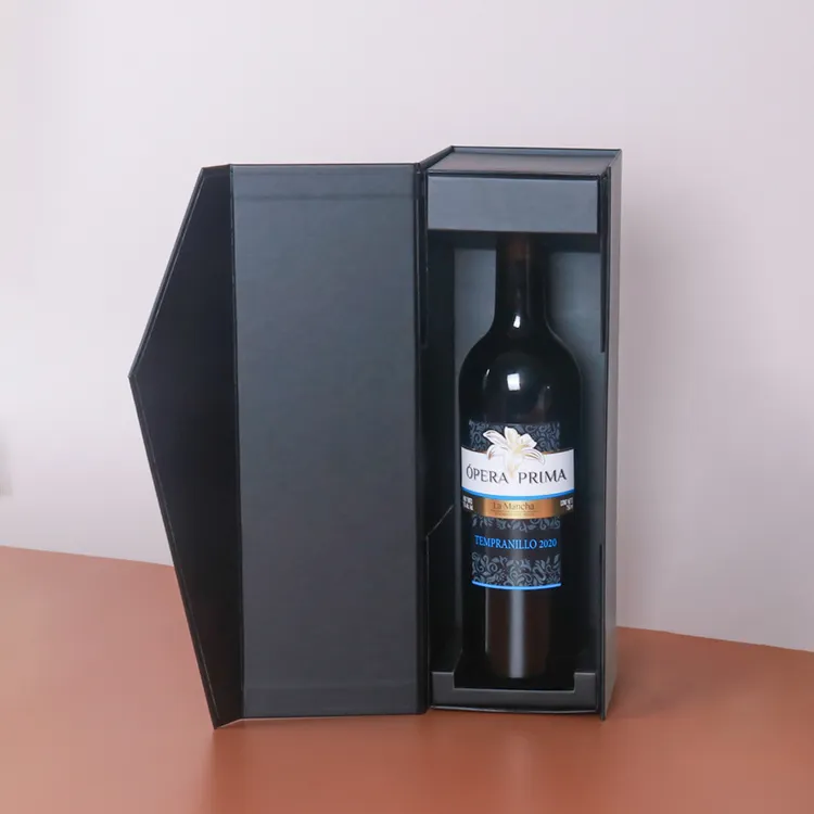 Luxe Aangepaste Verpakking Kartonnen Opvouwbare Enkele Wijnfles Dozen Magnetische Sluiting Karton Wijndoos Voor Verpakking