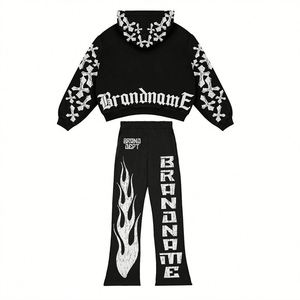 Conjunto de Sudadera y Pantalones Deportivos Casuales con Parches Personalizados, Bordado con Logotipo, Estilo Urbano, Vintage, Acampanados - Product Image 1