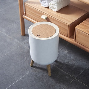 High-foot wood grain plastic trash bin household creative trash can with lid nordic bin