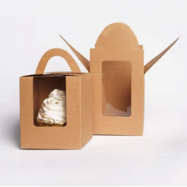 Wholesale Recyclable Eco Kraft Single Muffin Carrier Box Handle Transparent Window Four-Color Printed Paper Cupcake Box for