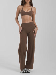 Lot de 2 pièces de vêtements de sport et de yoga à col halter en V profond, pantalon évasé taille haute, séchage rapide - Product Image 6