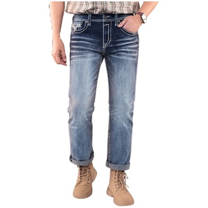 IN STOCK fashion Men’s Heavy Stitch <b>jeans</b> <b>Embroidered</b> Mid Waist Whisker effect Straight Leg <b>jeans</b> for men - Product Image 1
