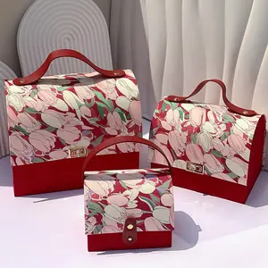 Box Printing Custom Design Tulip Paper Gift Bag Box With Handle And Silk Bow